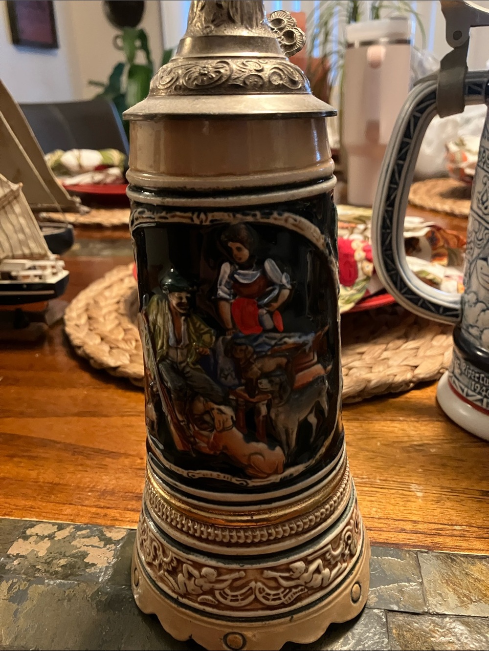 Decorative Ceramic Beer Stein with Hand-Painted Scene - Brown & Black